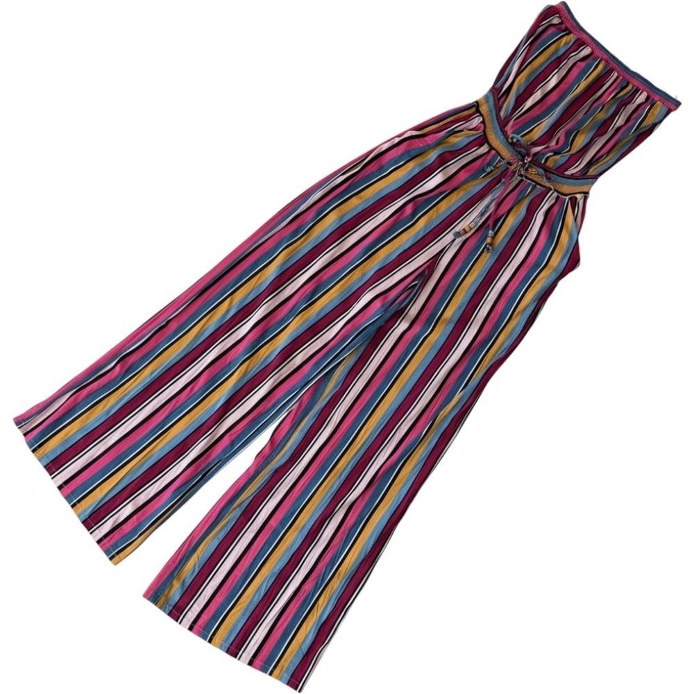 Guess Los Angeles Strapless Striped Wide Leg Jumpsuit Pink Blue Small